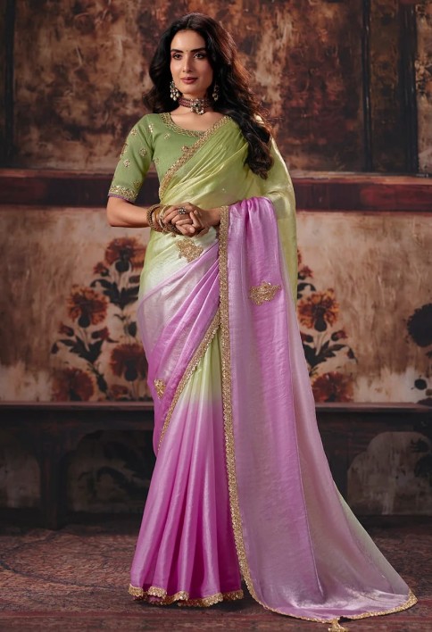 Pink & Green Designer Style Festive Wear Saree